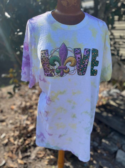 Love Mardi Gras Tye Dye Bleached Tee-Mardi Gras Tee Ready to Ship